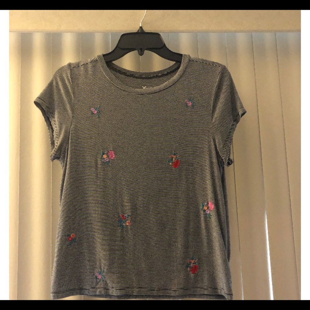 Striped, Embroidered, Cropped T-shirt